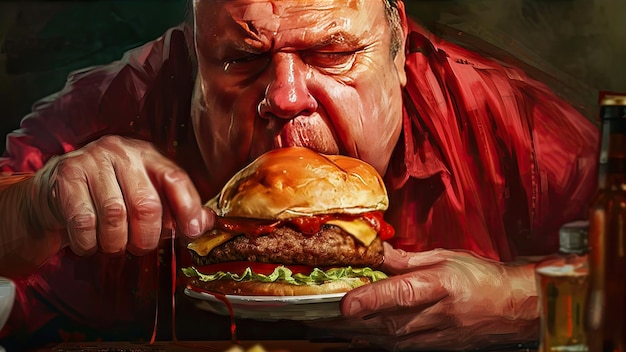 Portret van een hongerige man in een rood shirt met een hamburger in zijn handen