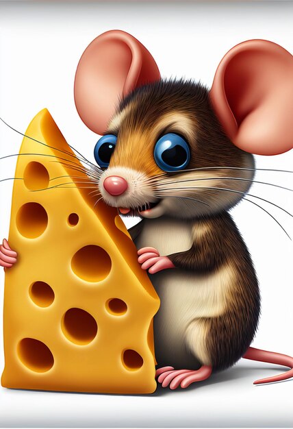 Foto portret van een hongerige muis met een stuk kaas gegenereerd door ai