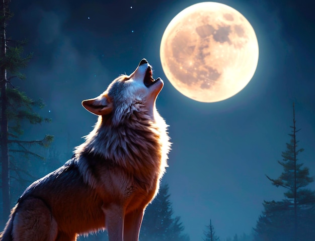 Portret van een huilende wolf over de volle maan gemaakt met behulp van generatieve AI-technologie