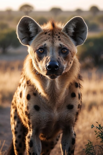 Portret van een hyena in het ochtendzonlicht in de Afrikaanse savanne Generatieve AI