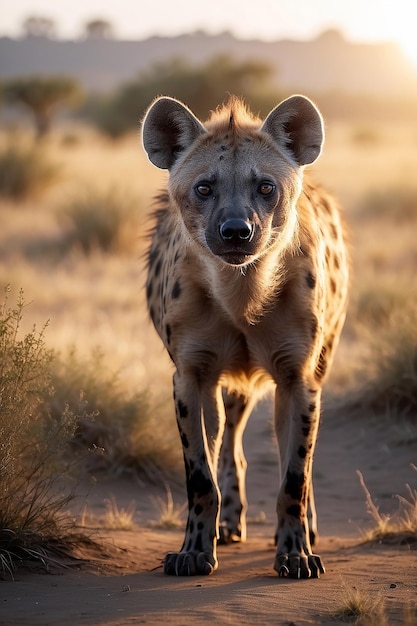 Portret van een hyena in het ochtendzonlicht in de Afrikaanse savanne Generatieve AI