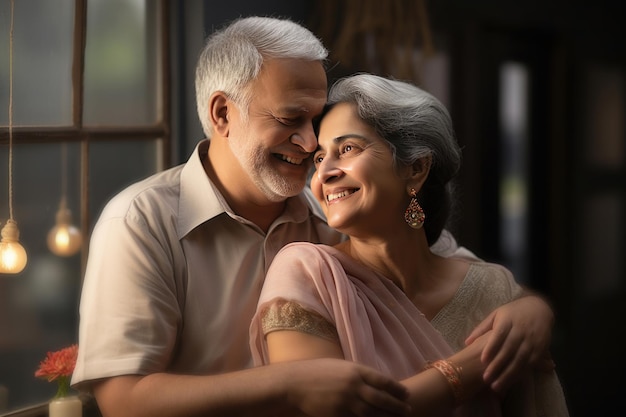 Portret van een Indiaas gelukkig stel dat elkaar thuis omhelst op de bank of eettafel