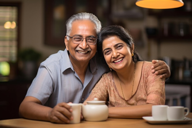 Portret van een Indiaas gelukkig stel dat elkaar thuis omhelst op de bank of eettafel