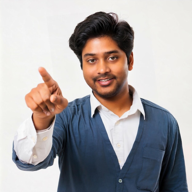 Portret van een Indiase man die met zijn vinger naar boven wijst