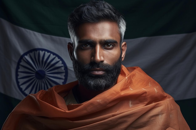 Foto portret van een indiase man die trots de vlag uitsteekt