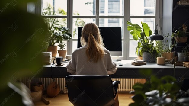 Portret van een informele zakenvrouw die op kantoor werkt op een computer Generatieve AI