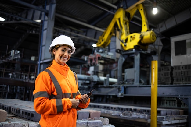 Portret van een ingenieur die een veiligheidsvest draagt en in de fabriek werkt