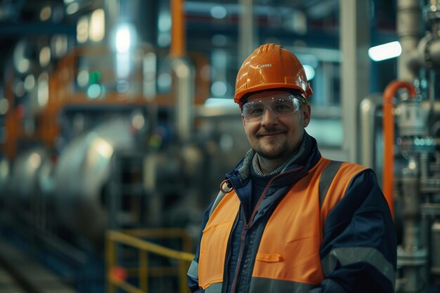 Foto portret van een ingenieur met een wazige fabrieksachtergrond