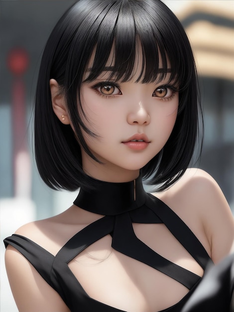 portret van een japans meisje dat een zwarte laag uitgesneden jurk draagt