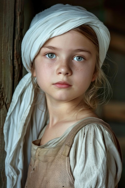 Portret van een jong boerenmeisje met een witte pet