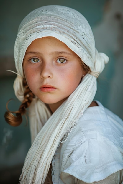 Portret van een jong boerenmeisje met een witte pet