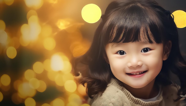 Portret van een jong Chinees meisje op een wazige achtergrond van een kerstboom