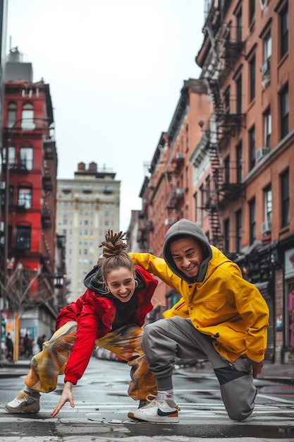 portret van een jong echtpaar van Afro-Amerikaanse en blanke tieners die breakdance dansen