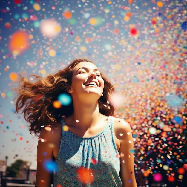 Foto portret van een jong gelukkig meisje in een kleurrijke jurk met confetti op de achtergrond van de zomerhemel wi