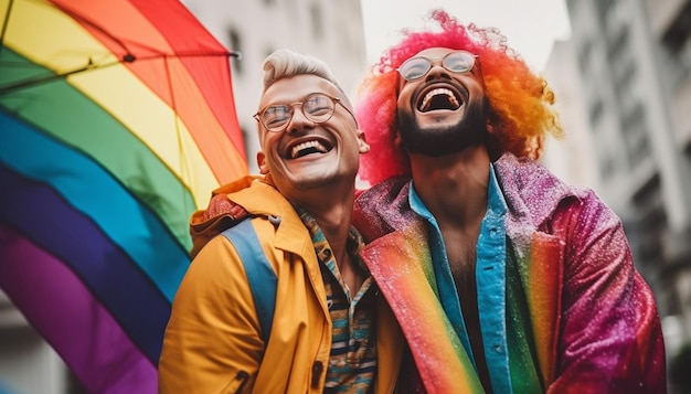 Portret van een jong homo-lesbisch stel dat elkaar omhelst en hun liefde toont met een regenboogvlag op straat