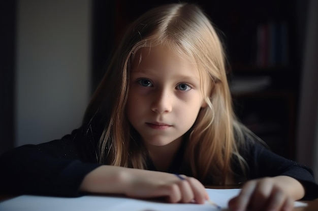 Portret van een jong meisje bij haar huiswerk gemaakt met generatieve ai