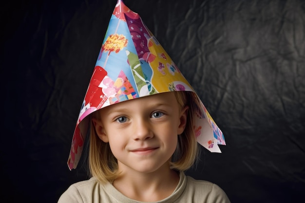 Portret van een jong meisje met een papieren feestmuts gemaakt met generatieve AI