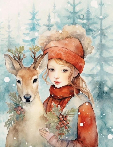 Portret van een jong mooi meisje in een winterjas met hoofdband als een hert dat een generatieve AI vangt