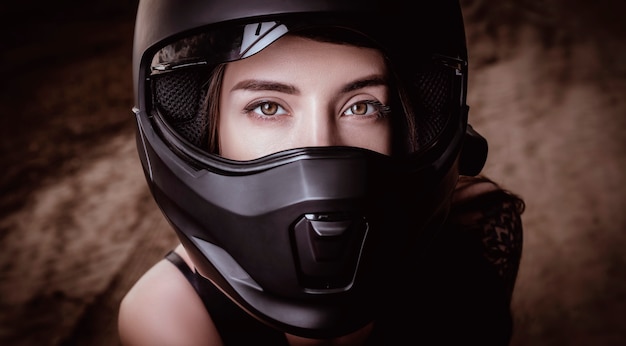 Portret van een jong mooi meisje in een zwarte motorhelm. Motorsportconcept. Gemengde media