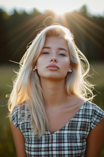 Portret van een jong mooi meisje met blond haar in de zomer in een veld in het zonlicht