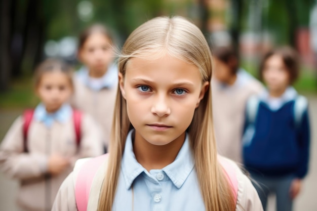 Portret van een jong schoolmeisje dat met haar vrienden op de achtergrond staat