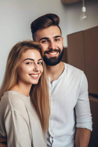 Portret van een jong stel dat er gelukkig uitziet terwijl ze naar hun nieuwe huis verhuizen, gemaakt met generatieve AI