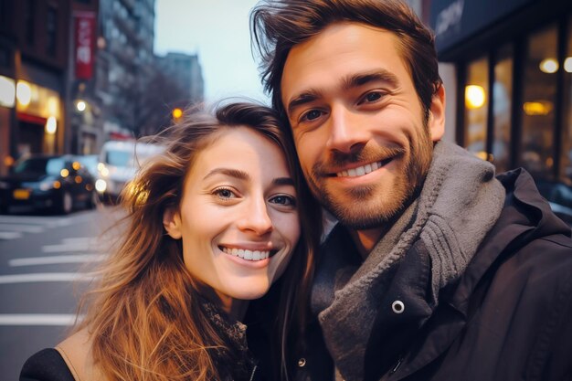 Portret van een jong stel in de straat van de stad Millennial man en vrouw nemen een selfie buiten met huizen en auto's op de achtergrond Gelukkige uitdrukking portret mensen Vriendschap en relatie