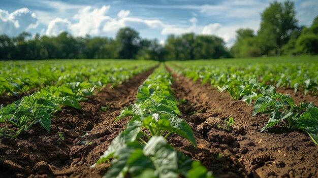 Portret van een jong zoete aardappelveld in het ochtendlicht met een grote ruimte voor tekst of producten Generatieve AI