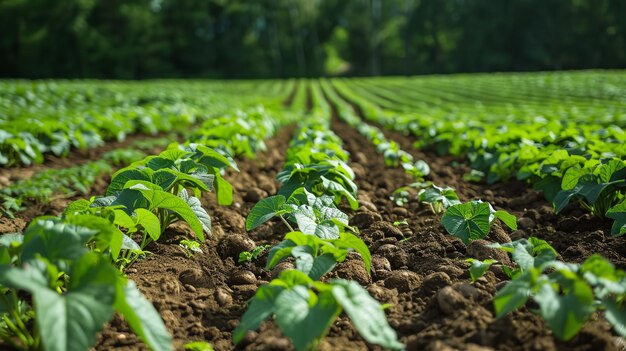 Portret van een jong zoete aardappelveld in het ochtendlicht met een grote ruimte voor tekst of producten Generatieve AI