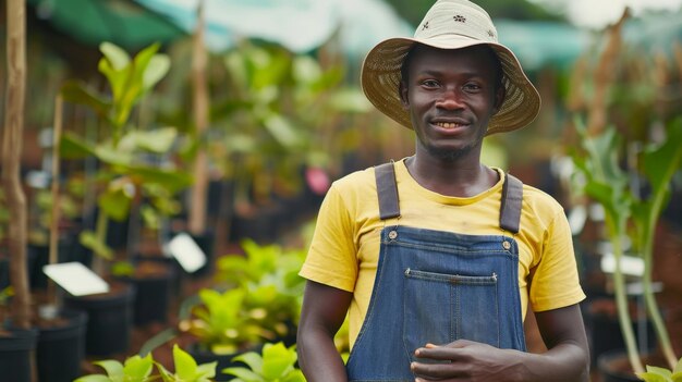 Portret van een jonge Afrikaanse boer of eigenaar van een klein bedrijf in een plantenkwekerij