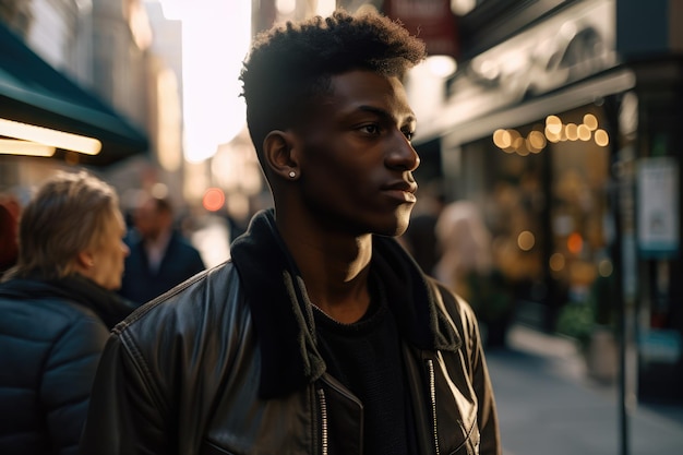 Portret van een jonge afro-amerikaanse man in stadsstraat gemaakt met behulp van generatieve ai-technologie