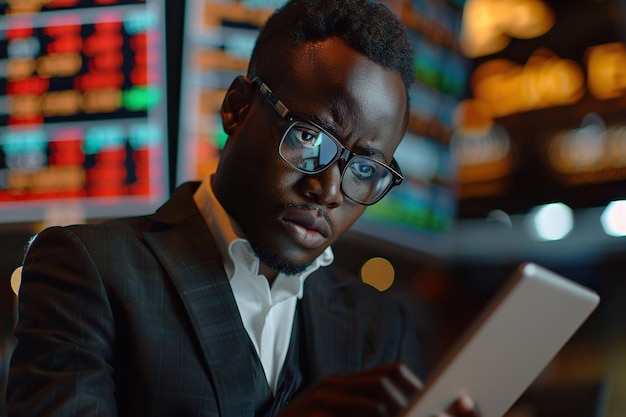 Portret van een jonge Afro-Amerikaanse mooie beursmakelaar die een tabletcomputer gebruikt