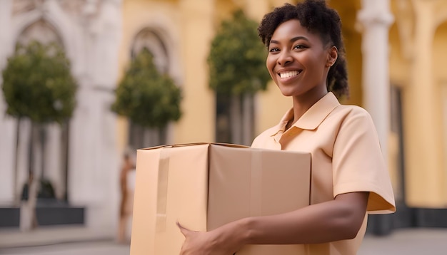 Portret van een jonge Afro-Amerikaanse vrouw die een doos draagt