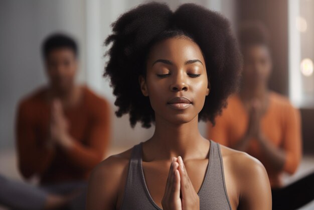 Portret van een jonge Afro-Amerikaanse vrouw met gesloten ogen die mediteert in yogastudio Generative AI