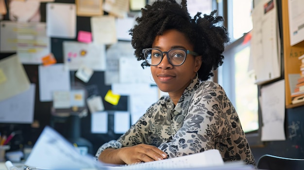 Portret van een jonge Afro-Amerikaanse zakenvrouw die op kantoor werkt