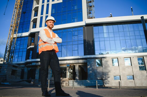 Portret van een jonge architect of ingenieur op een bouwplaats