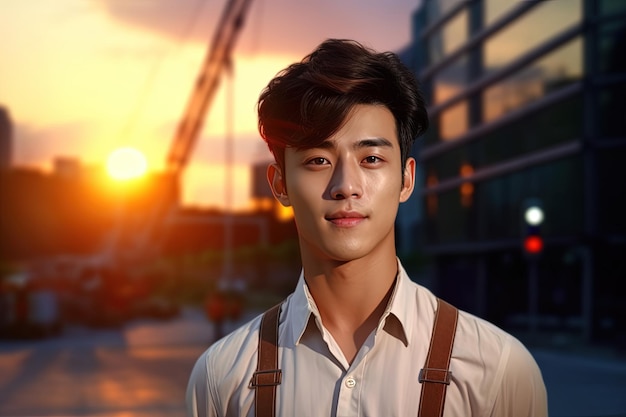 portret van een jonge Aziatische ingenieur op een bouwplaats met zonsondergang op de achtergrond
