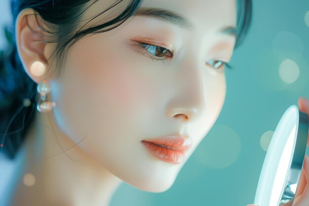 Portret van een jonge Aziatische vrouw die make-up aanbrengt met een compacte spiegel met delicate oorbellen en