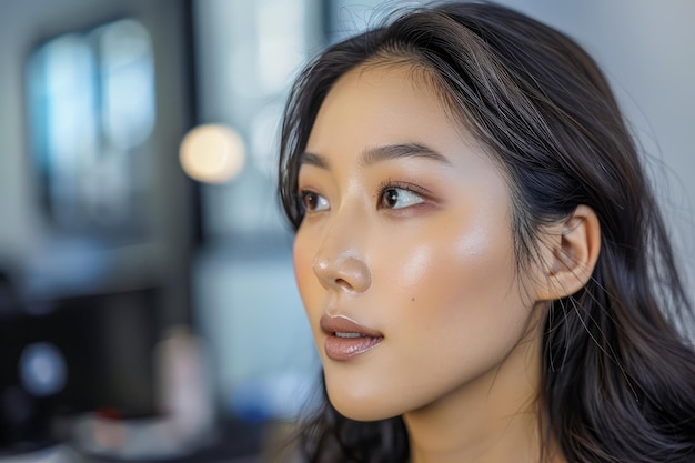 Portret van een jonge Aziatische vrouw met natuurlijke make-up en gloeiende huid in een moderne interieuromgeving
