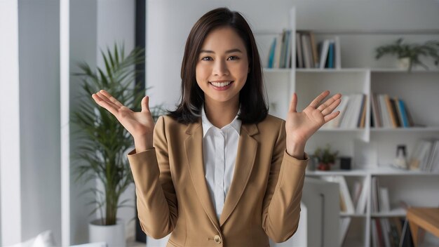 Portret van een jonge Aziatische zakenvrouw met een welkome gebaar op een witte achtergrond
