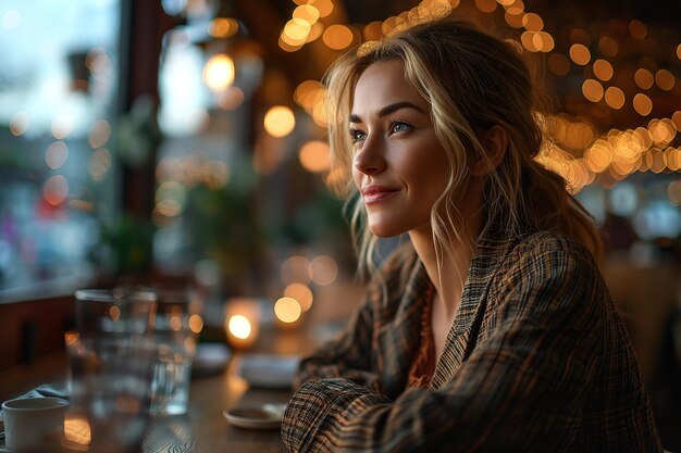 Portret van een jonge blonde vrouw die luncht in een restaurant