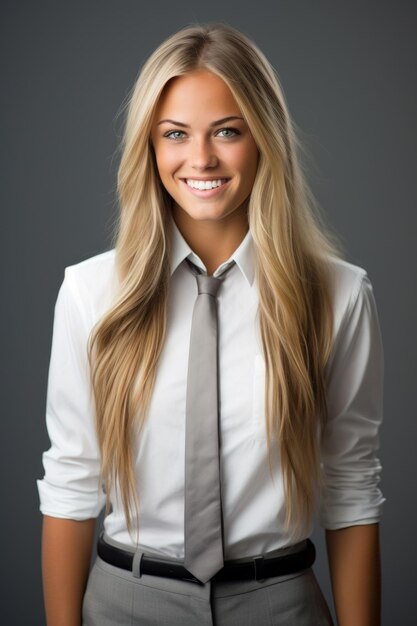 Foto portret van een jonge blonde vrouw in een wit hemd en grijze stropdas