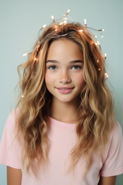 Portret van een jonge blonde vrouw met een kerstverlichte slinger op haar hoofd