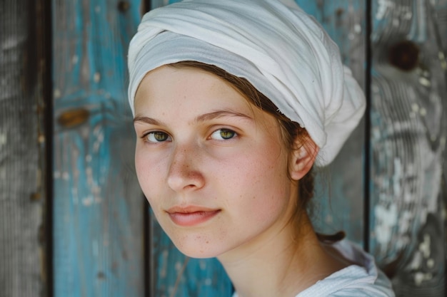Portret van een jonge boerenvrouw in een witte cape
