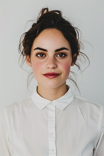 Portret van een jonge brunette vrouw in een wit hemd