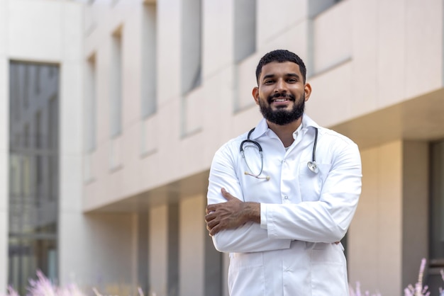 Portret van een jonge doktersstudent, een stagiair die buiten het medische gebouw staat en naar kijkt