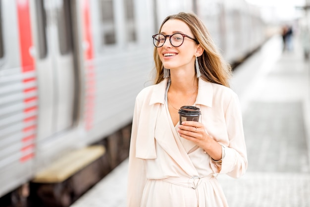 Portret van een jonge elegante vrouw die met een koffiekopje in de buurt van de trein op het treinstation staat