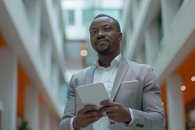 Portret van een jonge empowered zwarte mannelijke bedrijfsleider die aan een tablet werkt in een modern kantoorgebouw Zeker Afrikaanse specialist die online naar documenten kijkt en glimlacht in de hal