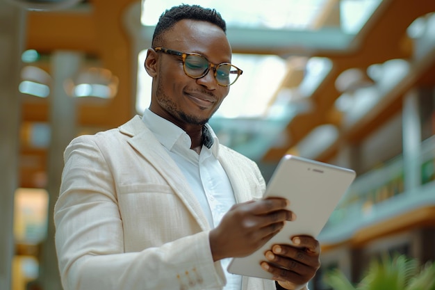 Portret van een jonge empowered zwarte mannelijke bedrijfsleider die aan een tablet werkt in een modern kantoorgebouw Zeker Afrikaanse specialist die online naar documenten kijkt en glimlacht in de hal