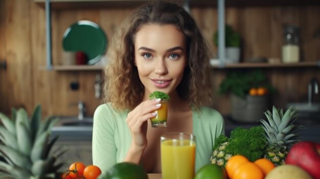 Portret van een jonge en vrolijke vrouw die sap drinkt en zit Generatieve AI